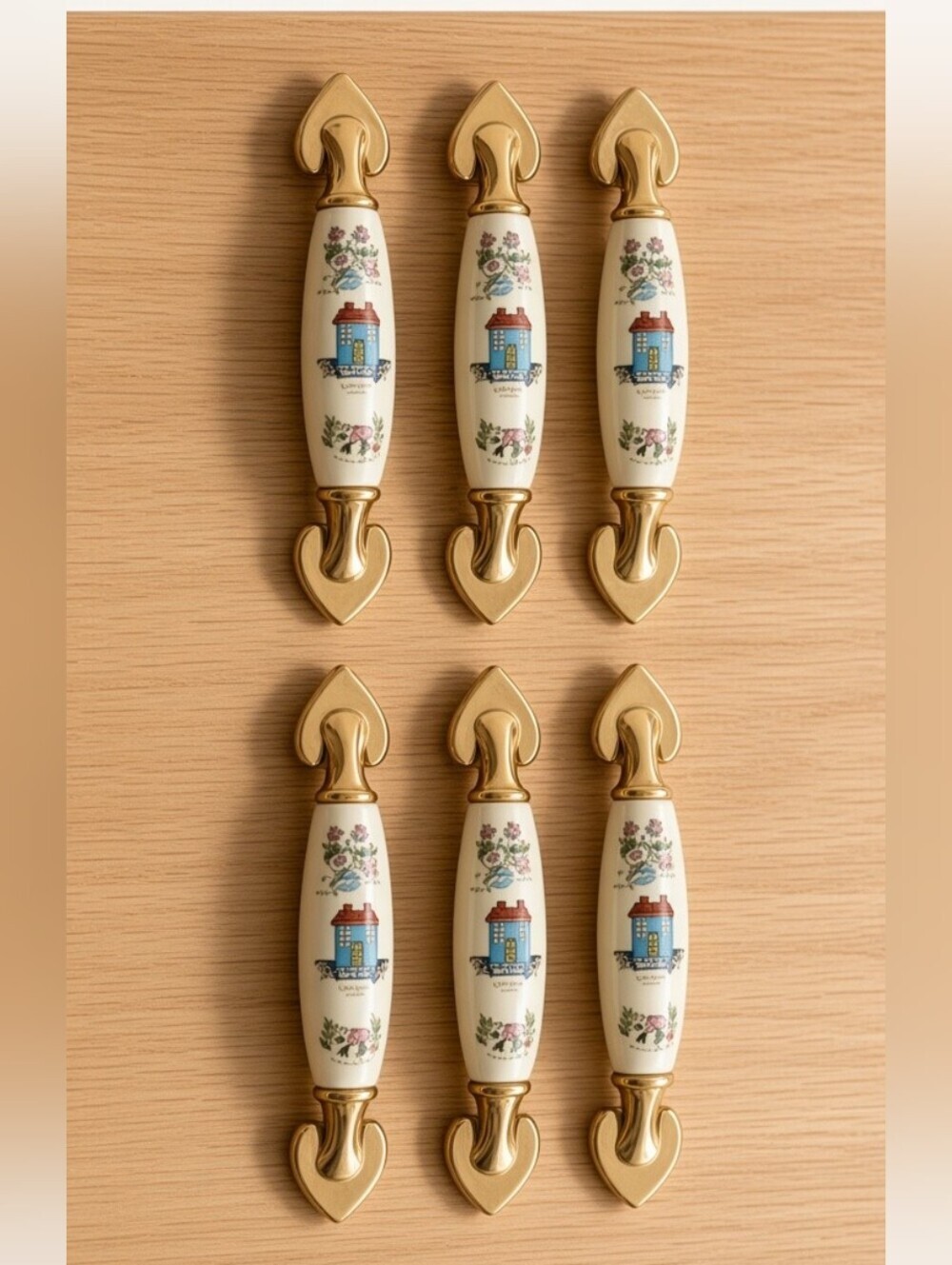 Set of 6 Vintage Belwith Heartland Porcelain Brass Drawer Pulls NOS